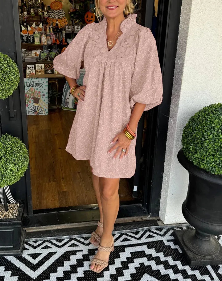 Tesia - Robe Jacquard Courte avec Manches Bouffantes