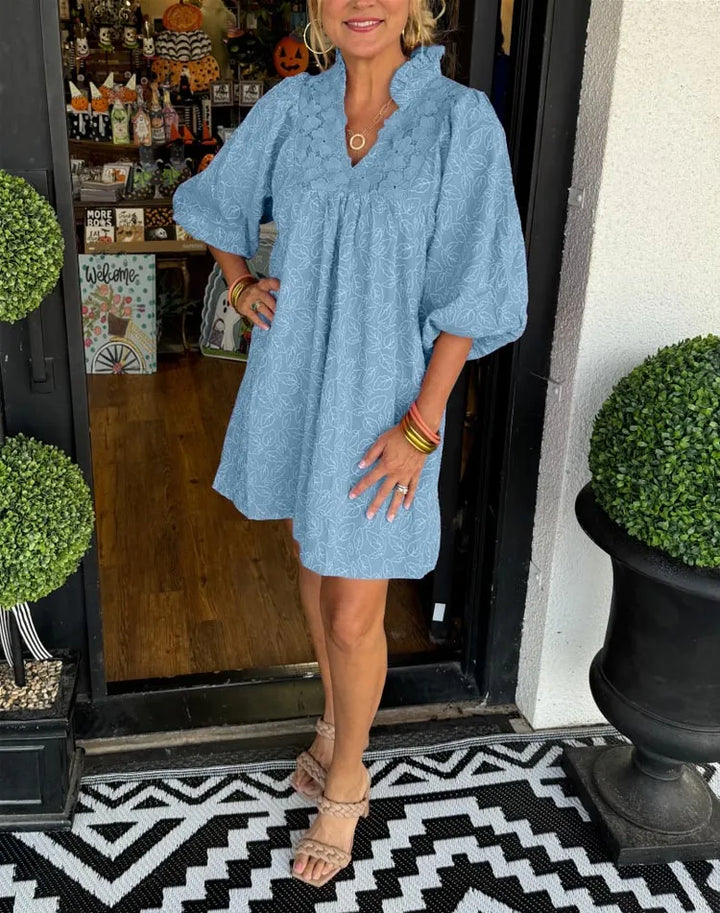 Tesia - Robe Jacquard Courte avec Manches Bouffantes